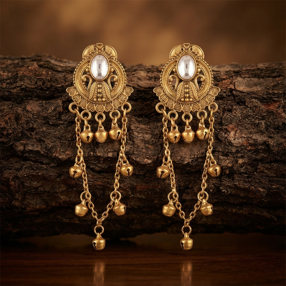 The99Jewel Kashmiri Mehndi Plated Ghungroo Dangler Earrings for Women 