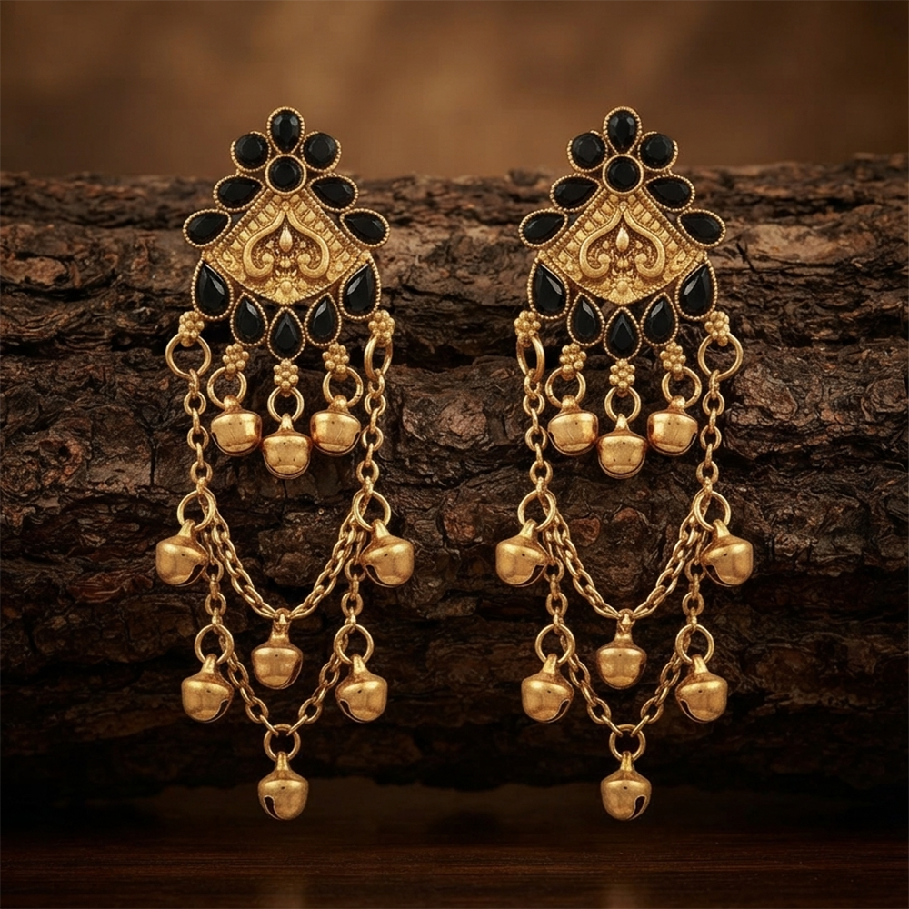 The99Jewel Kashmiri Mehndi Plated Ghungroo Dangler Earrings for Women 