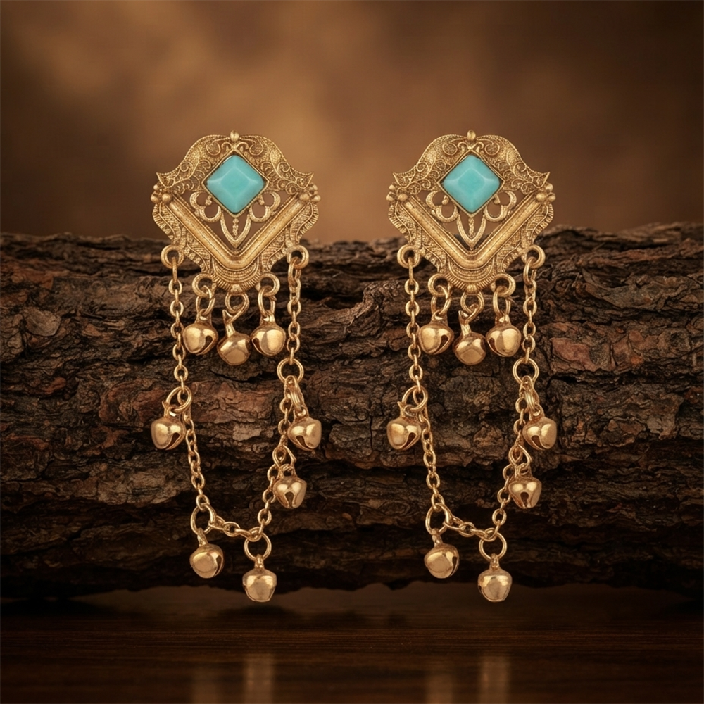 The99Jewel Kashmiri Mehndi Plated Ghungroo Dangler Earrings for Women 