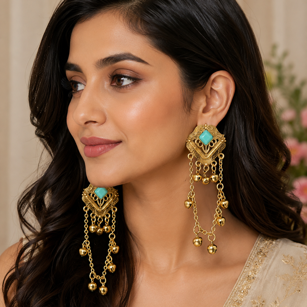 The99Jewel Kashmiri Mehndi Plated Ghungroo Dangler Earrings for Women
