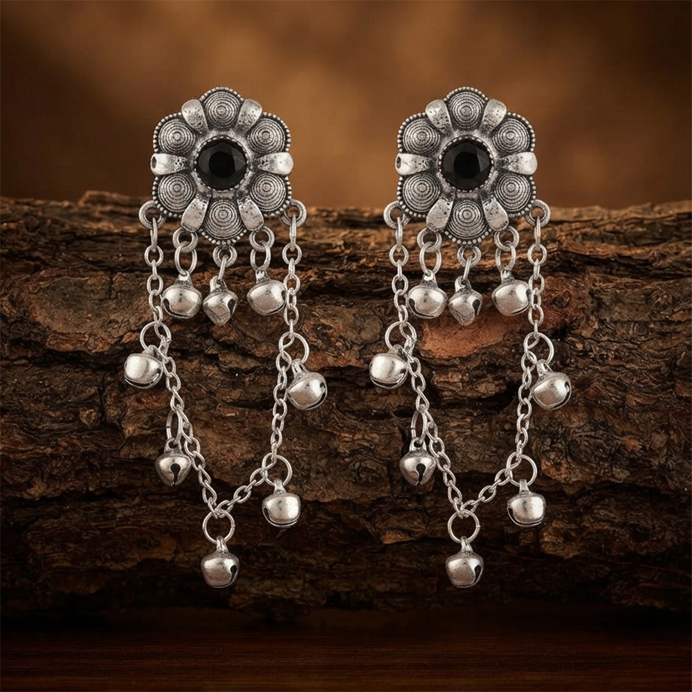 The99Jewel Royal Kashmiri Inspired Silver Plated Ghungroo Dangler Earrings