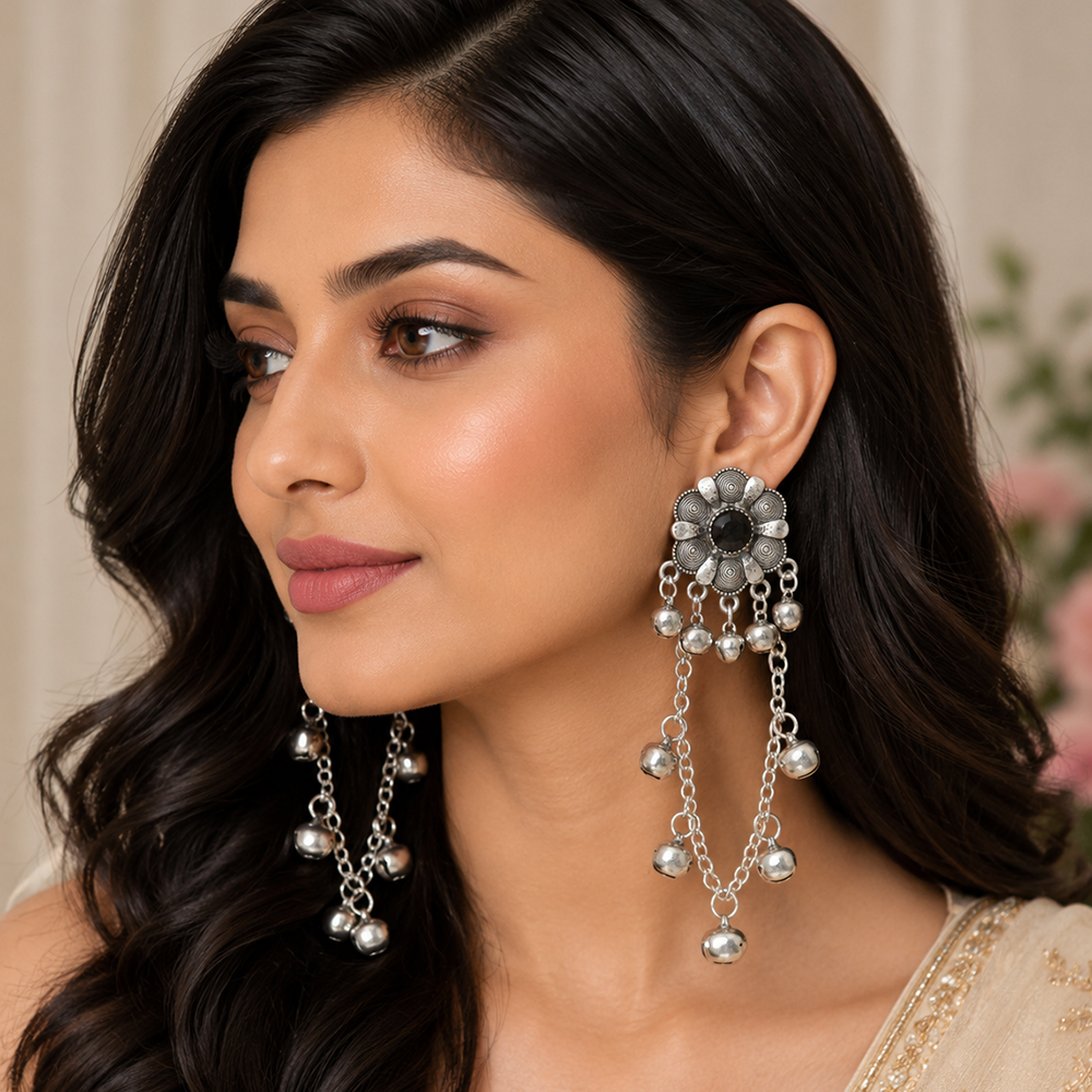 The99Jewel Royal Kashmiri Inspired Silver Plated Ghungroo Dangler Earrings