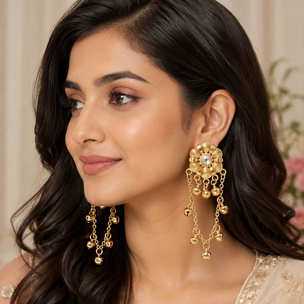 The99Jewel Royal Kashmiri Inspired Mehndi Plated Ghungroo Dangler Earrings