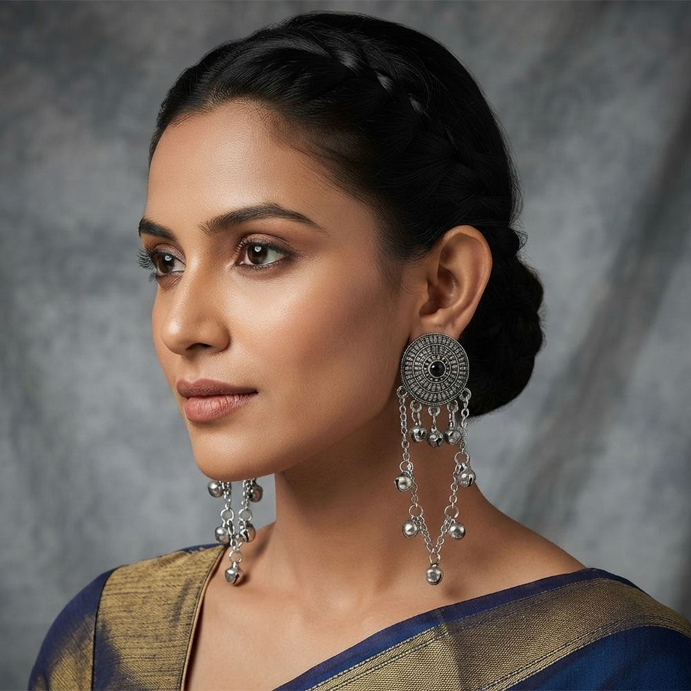 The99Jewel Royal Kashmiri Inspired Silver Plated Ghungroo Dangler Earrings