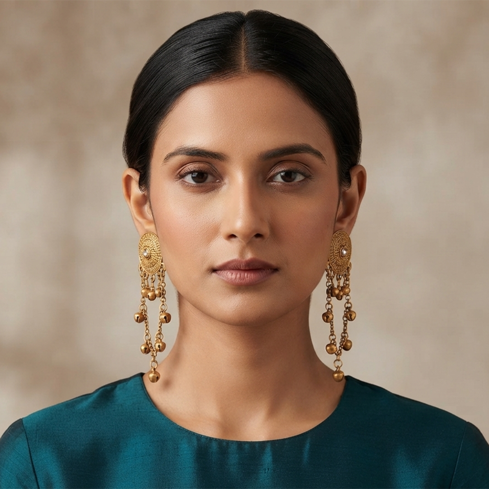 The99Jewel Royal Kashmiri Inspired Mehndi Plated Ghungroo Dangler Earrings