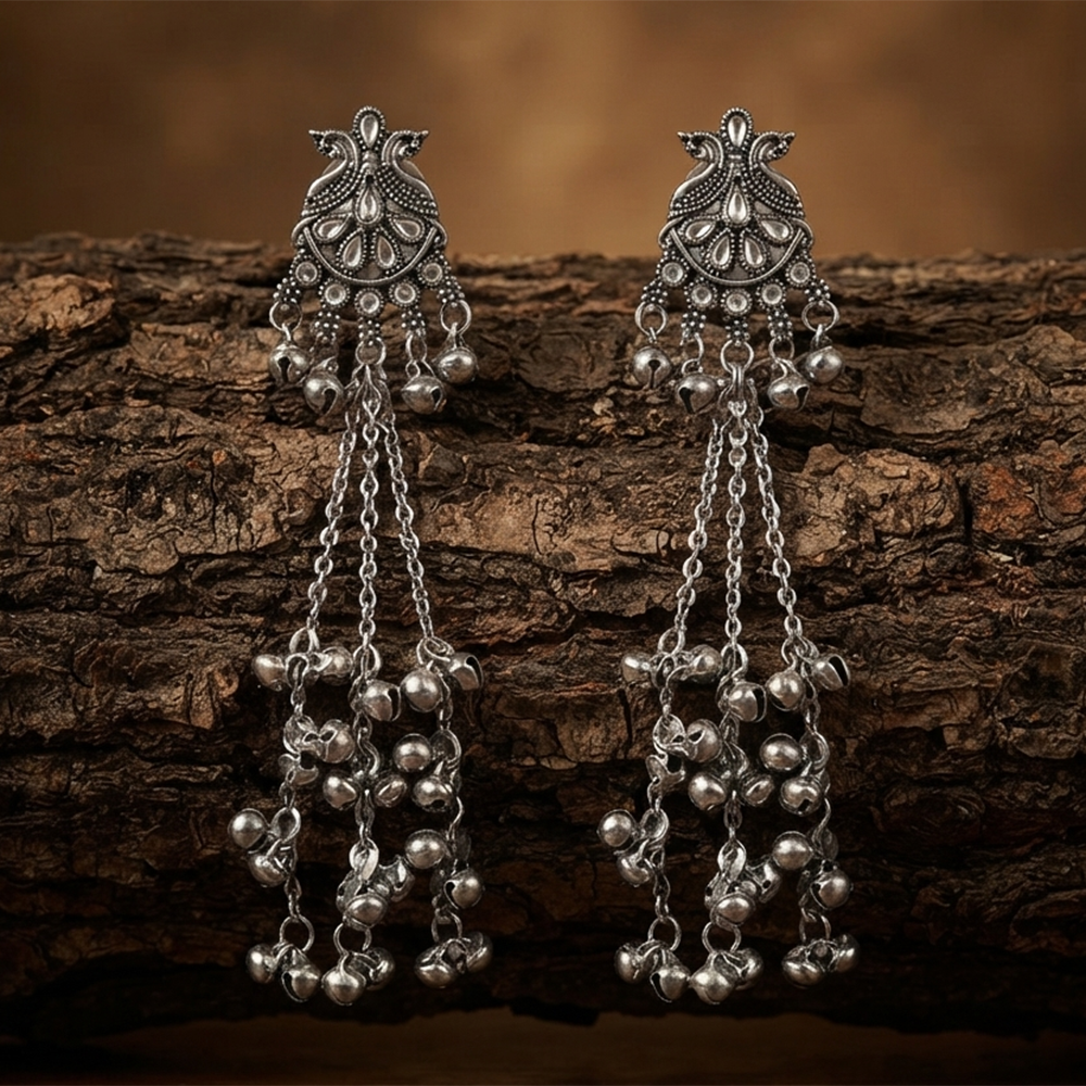 The99Jewel Traditional Kashmiri Silver Finish Ghungroo Dangler Earrings for Women 