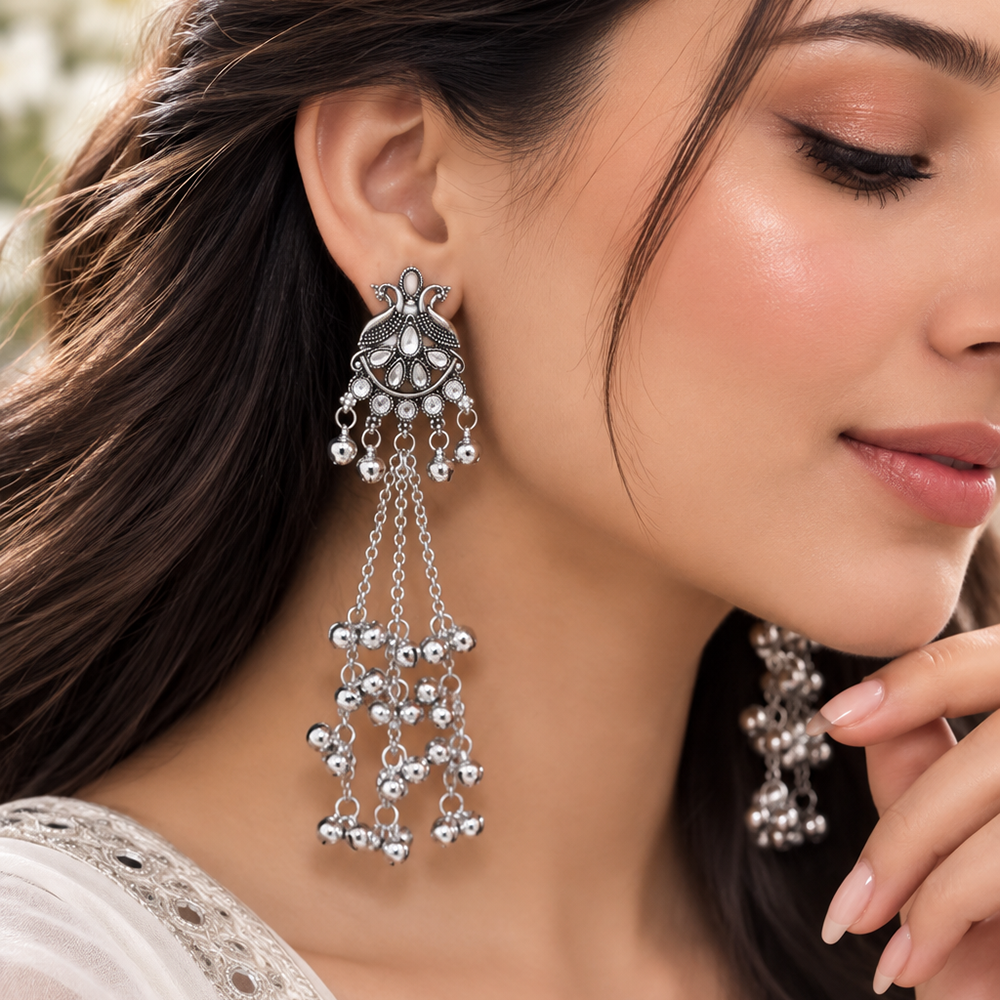 The99Jewel Traditional Kashmiri Silver Finish Ghungroo Dangler Earrings for Women