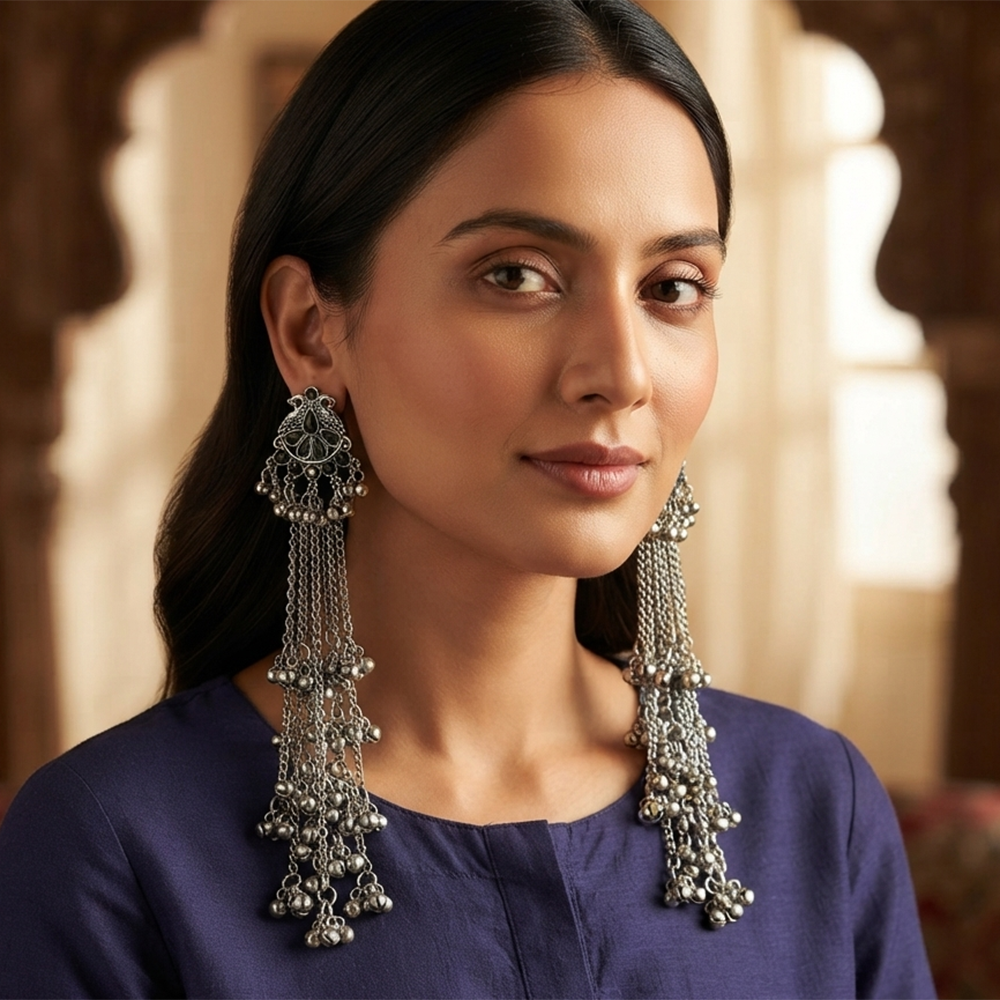 The99Jewel Traditional Kashmiri Silver Finish Ghungroo Dangler Earrings for Women