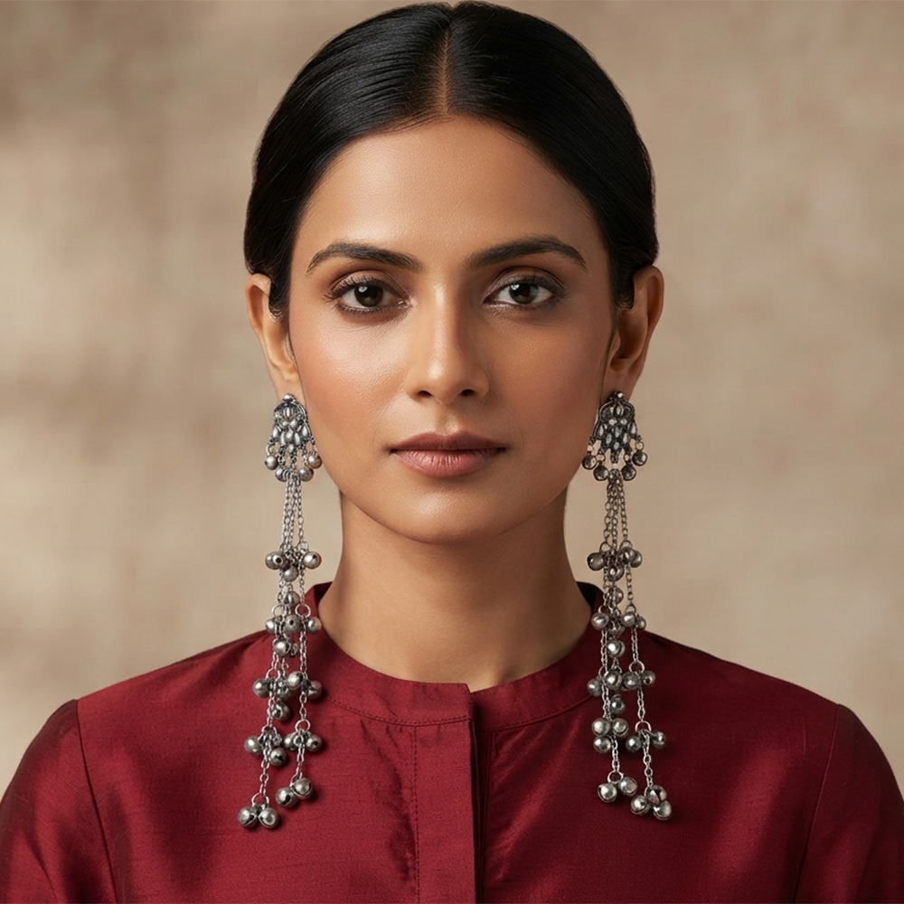 The99Jewel Traditional Kashmiri Silver Finish Ghungroo Dangler Earrings for Women 