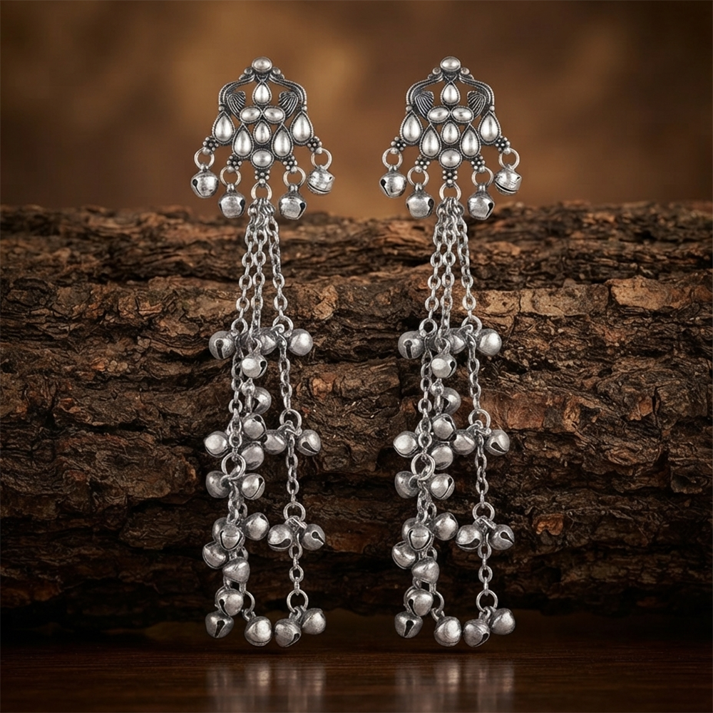 The99Jewel Traditional Kashmiri Silver Finish Ghungroo Dangler Earrings for Women
