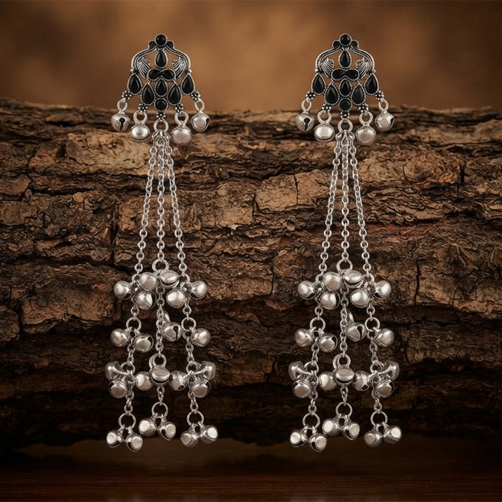 The99Jewel Traditional Kashmiri Silver Finish Ghungroo Dangler Earrings for Women 