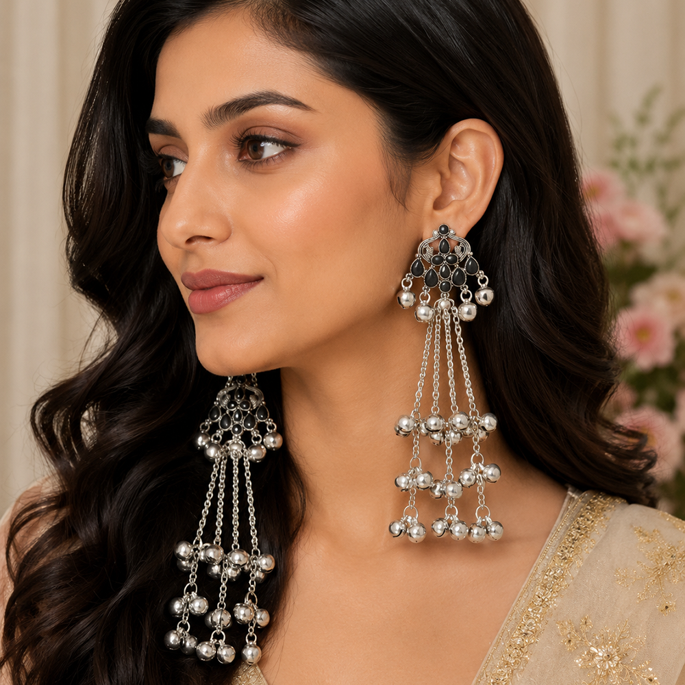 The99Jewel Traditional Kashmiri Silver Finish Ghungroo Dangler Earrings for Women