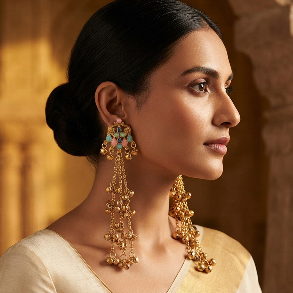 The99Jewel Traditional Kashmiri Mehndi Finish Ghungroo Dangler Earrings for Women
