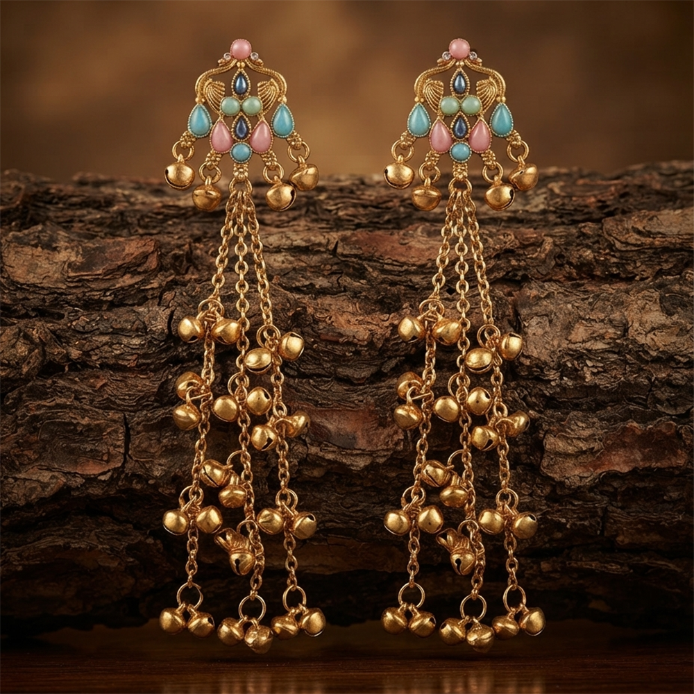 The99Jewel Traditional Kashmiri Mehndi Finish Ghungroo Dangler Earrings for Women 