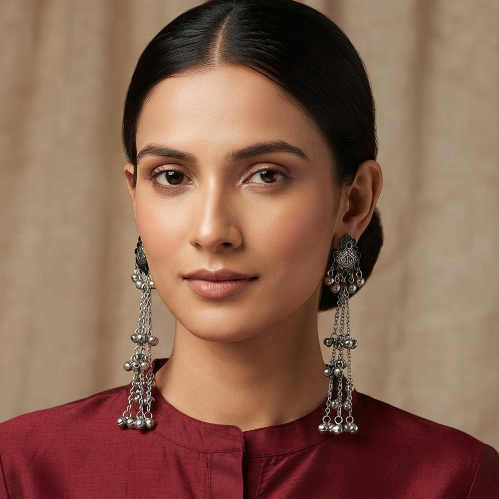 The99Jewel Royal Kashmiri Inspired Silver Plated Ghungroo Dangler Earrings
