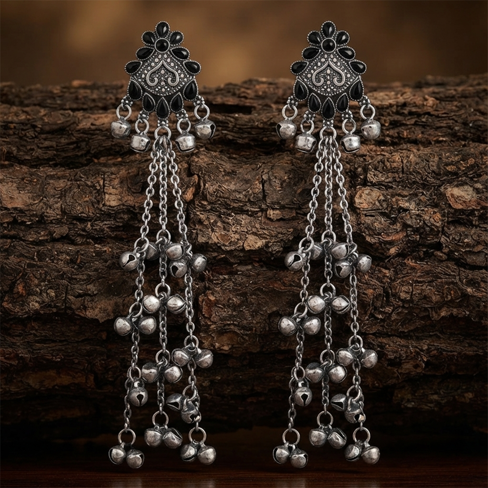 The99Jewel Royal Kashmiri Inspired Silver Plated Ghungroo Dangler Earrings