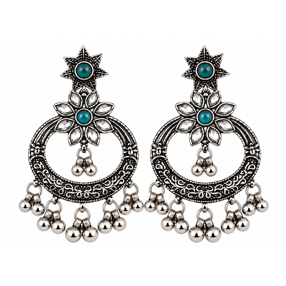 The99Jewel Designer Ethnic Earrings for Women | Oxidised Pota Stone and Ghungroo Drop Style