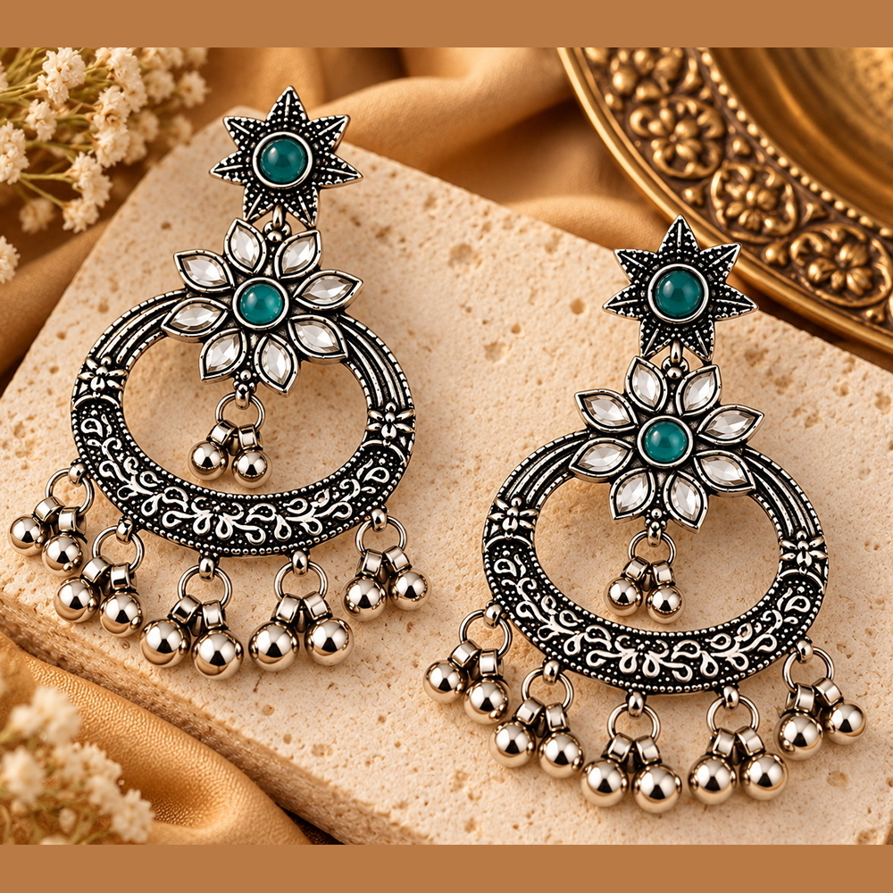 The99Jewel Designer Ethnic Earrings for Women | Oxidised Pota Stone and Ghungroo Drop Style