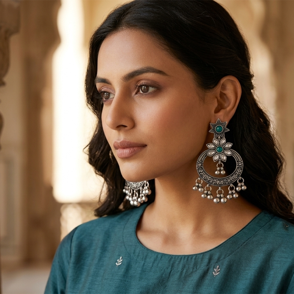 The99Jewel Designer Ethnic Earrings for Women | Oxidised Pota Stone and Ghungroo Drop Style