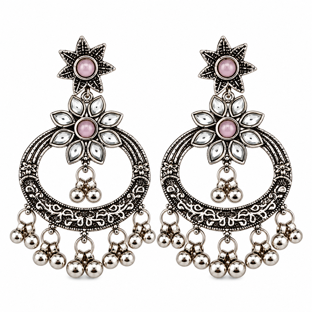 The99Jewel Designer Ethnic Earrings for Women | Oxidised Pota Stone and Ghungroo Drop Style