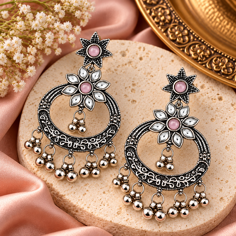 The99Jewel Designer Ethnic Earrings for Women | Oxidised Pota Stone and Ghungroo Drop Style