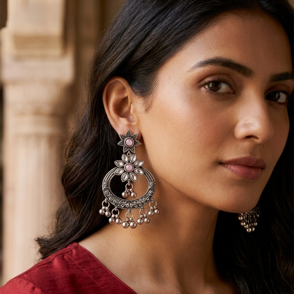 The99Jewel Designer Ethnic Earrings for Women | Oxidised Pota Stone and Ghungroo Drop Style