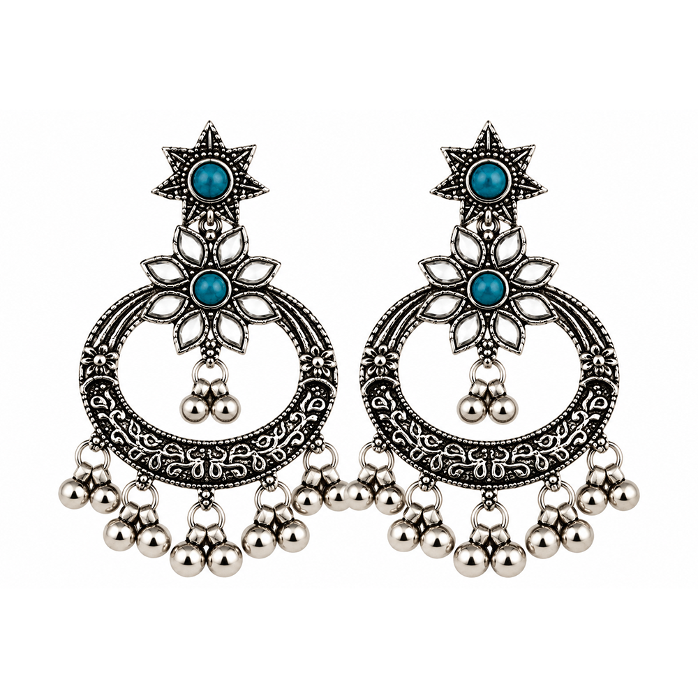 The99Jewel Designer Ethnic Earrings for Women | Oxidised Pota Stone and Ghungroo Drop Style