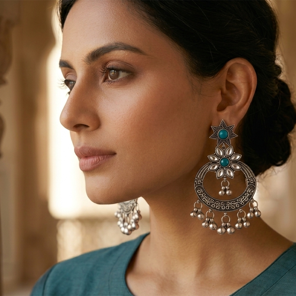 The99Jewel Designer Ethnic Earrings for Women | Oxidised Pota Stone and Ghungroo Drop Style
