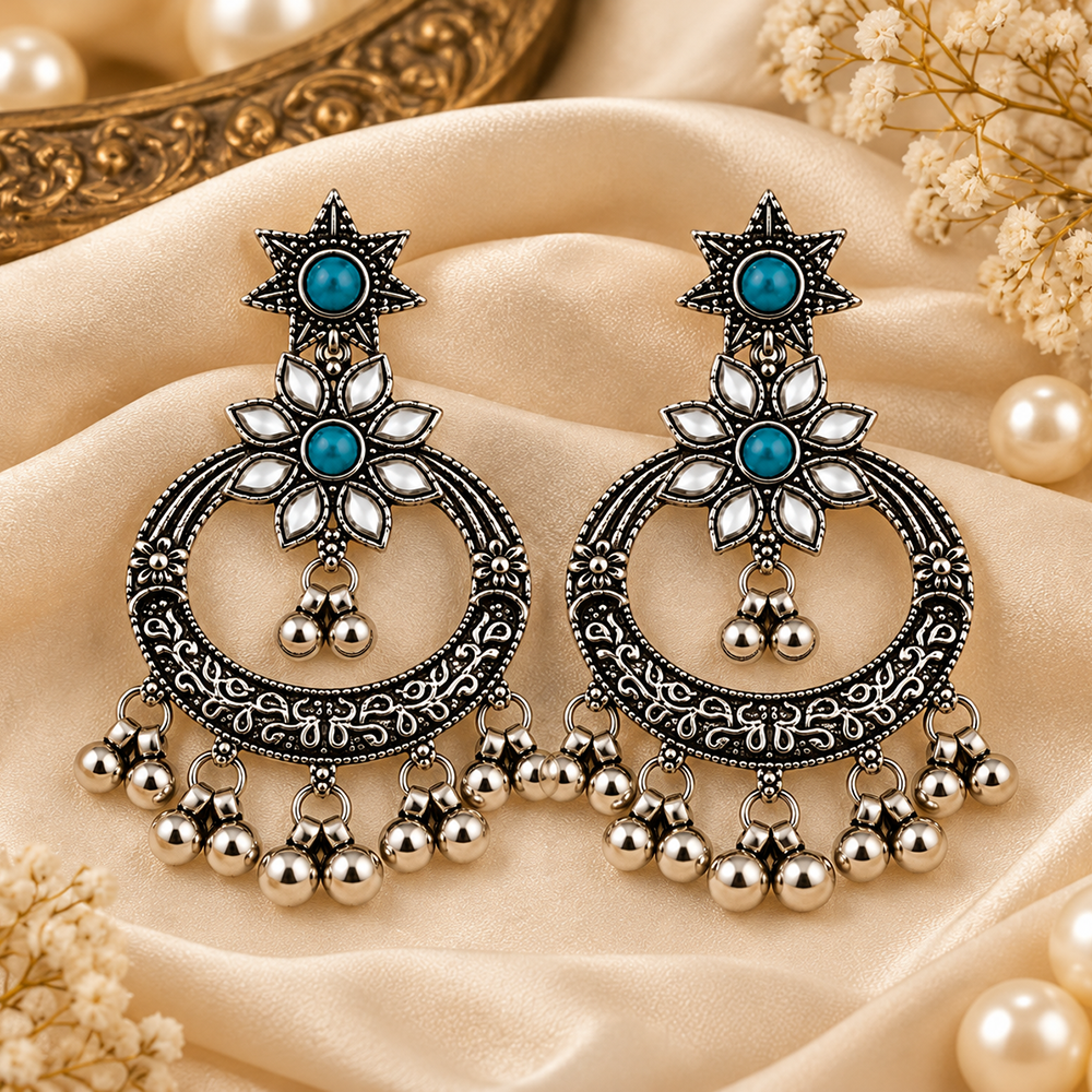 The99Jewel Designer Ethnic Earrings for Women | Oxidised Pota Stone and Ghungroo Drop Style