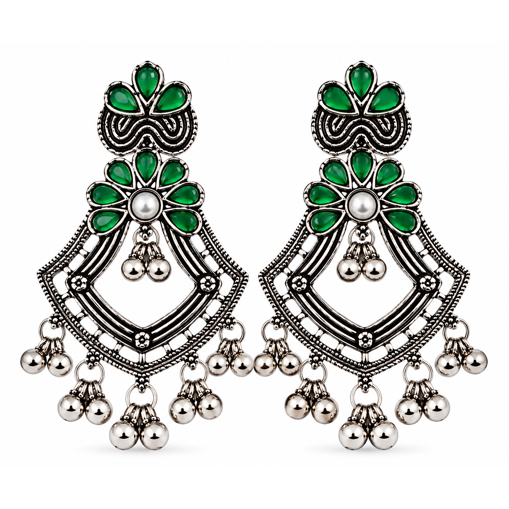 The99Jewel Traditional Oxidised Pota Stone Earrings with Ghungroo Detailing | Ethnic Jewellery