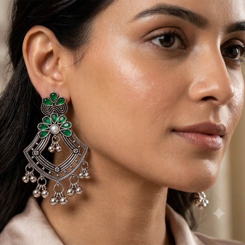 The99Jewel Traditional Oxidised Pota Stone Earrings with Ghungroo Detailing | Ethnic Jewellery