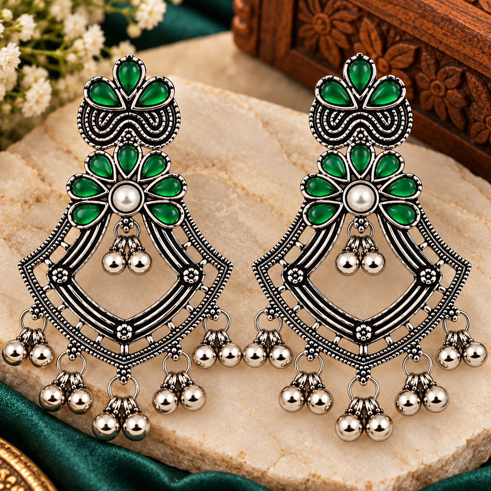 The99Jewel Traditional Oxidised Pota Stone Earrings with Ghungroo Detailing | Ethnic Jewellery