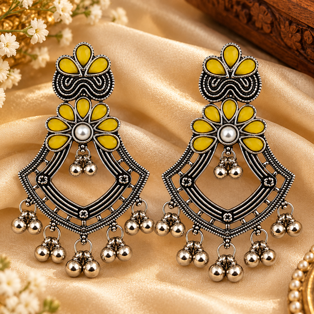 The99Jewel Traditional Oxidised Pota Stone Earrings with Ghungroo Detailing | Ethnic Jewellery