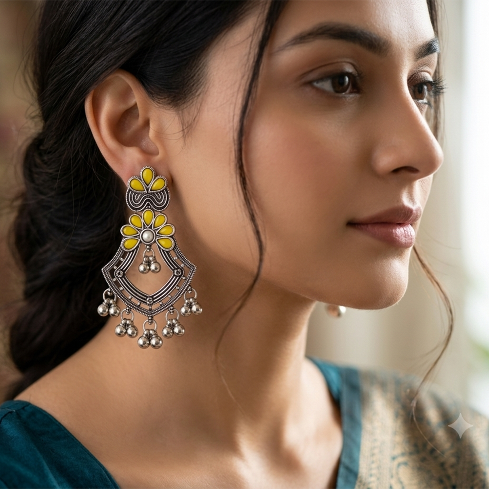 The99Jewel Traditional Oxidised Pota Stone Earrings with Ghungroo Detailing | Ethnic Jewellery
