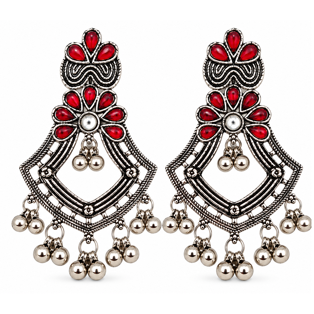 The99Jewel Traditional Oxidised Pota Stone Earrings with Ghungroo Detailing | Ethnic Jewellery