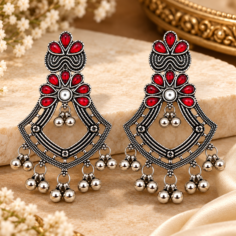 The99Jewel Traditional Oxidised Pota Stone Earrings with Ghungroo Detailing | Ethnic Jewellery
