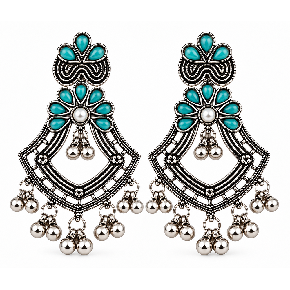 The99Jewel Traditional Oxidised Pota Stone Earrings with Ghungroo Detailing | Ethnic Jewellery