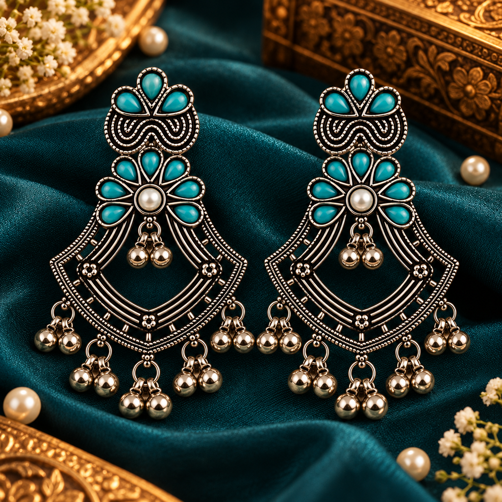 The99Jewel Traditional Oxidised Pota Stone Earrings with Ghungroo Detailing | Ethnic Jewellery
