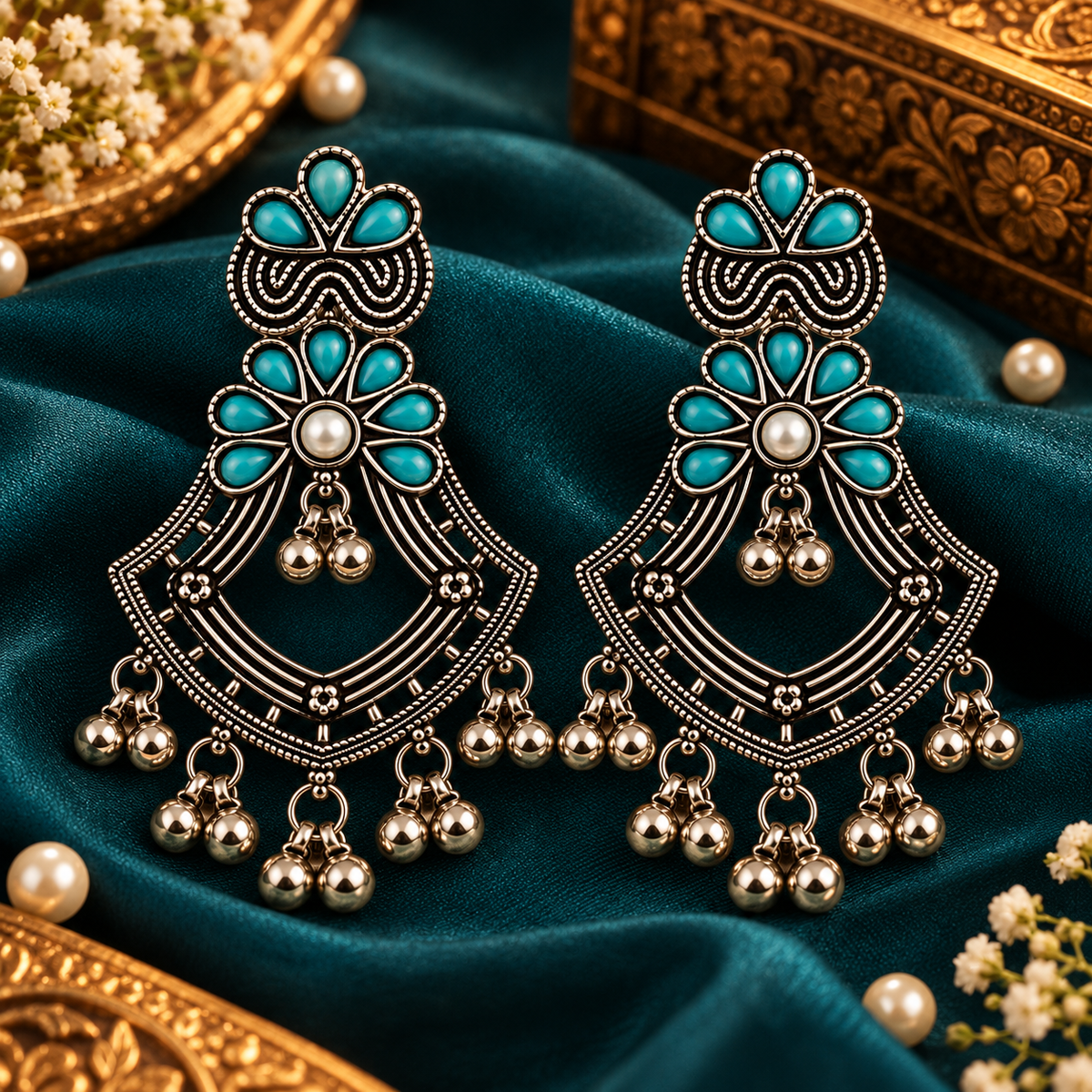 The99Jewel Traditional Oxidised Pota Stone Earrings with Ghungroo Detailing | Ethnic Jewellery