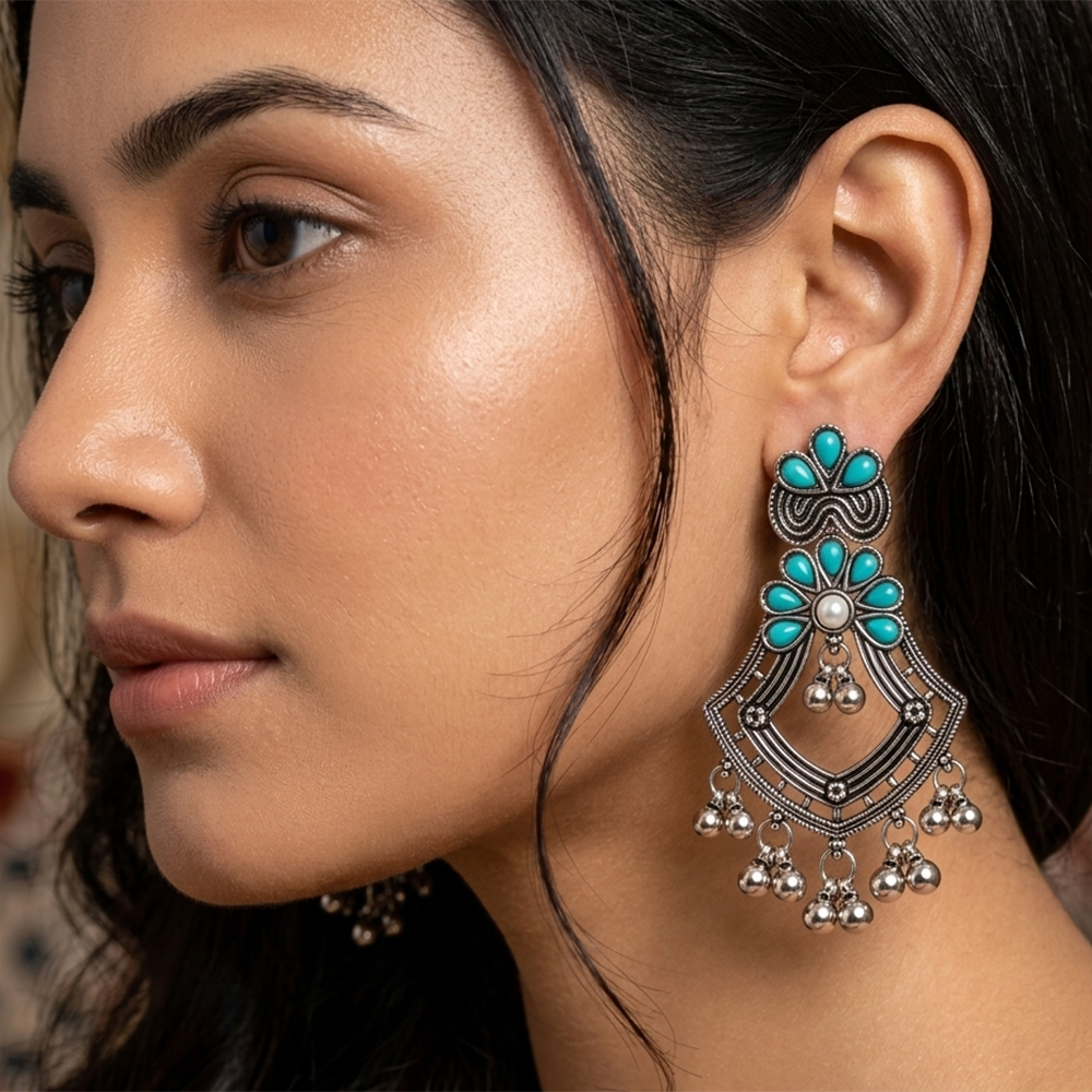 The99Jewel Traditional Oxidised Pota Stone Earrings with Ghungroo Detailing | Ethnic Jewellery