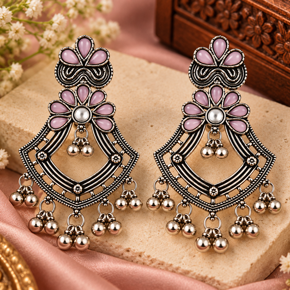 The99Jewel Traditional Oxidised Pota Stone Earrings with Ghungroo Detailing | Ethnic Jewellery