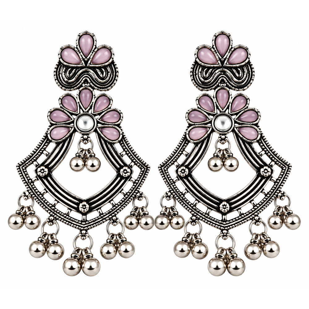 The99Jewel Traditional Oxidised Pota Stone Earrings with Ghungroo Detailing | Ethnic Jewellery