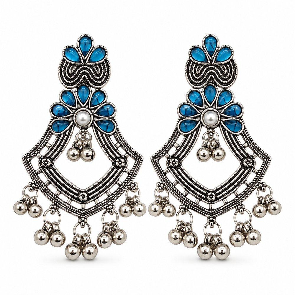 The99Jewel Traditional Oxidised Pota Stone Earrings with Ghungroo Detailing | Ethnic Jewellery