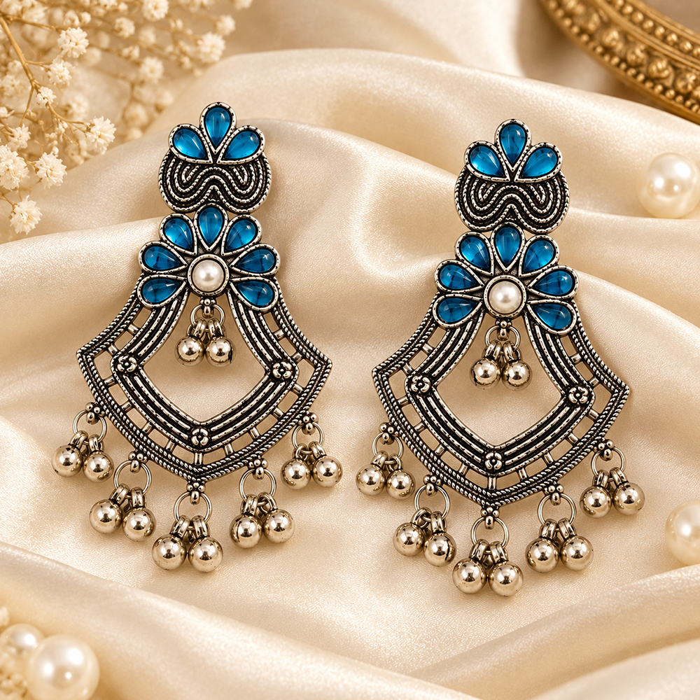 The99Jewel Traditional Oxidised Pota Stone Earrings with Ghungroo Detailing | Ethnic Jewellery