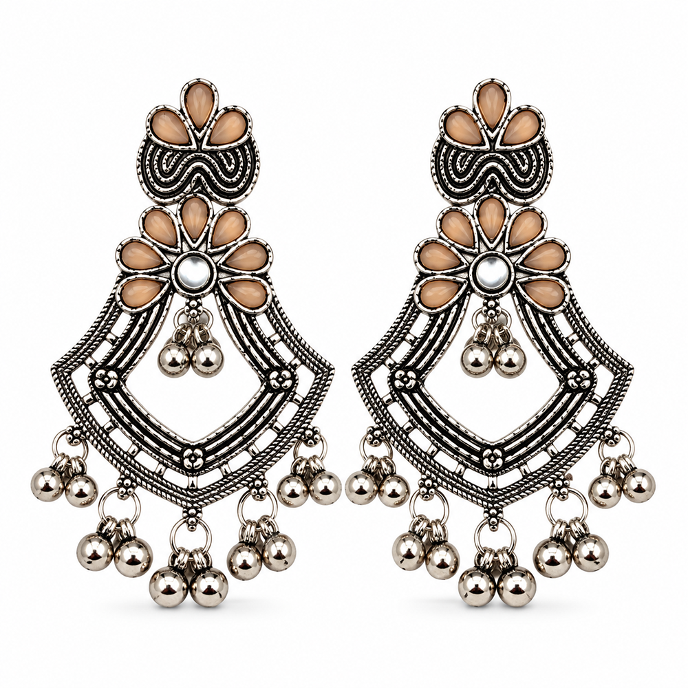The99Jewel Traditional Oxidised Pota Stone Earrings with Ghungroo Detailing | Ethnic Jewellery