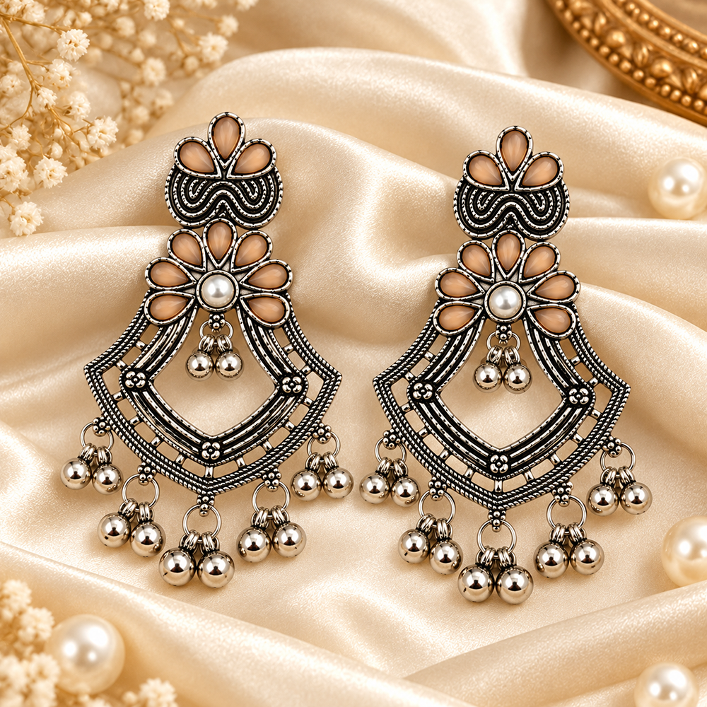 The99Jewel Traditional Oxidised Pota Stone Earrings with Ghungroo Detailing | Ethnic Jewellery