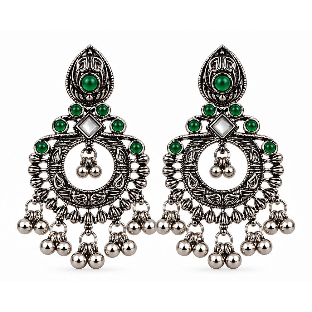 The99Jewel Oxidised Plated Pota Stone Dangler Earrings with Ghungroo Drops for Women