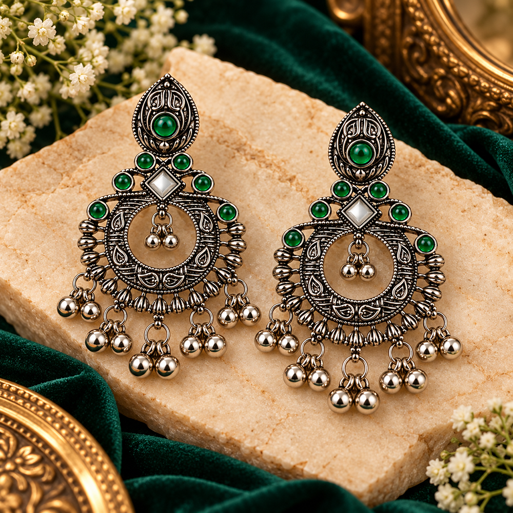 The99Jewel Oxidised Plated Pota Stone Dangler Earrings with Ghungroo Drops for Women