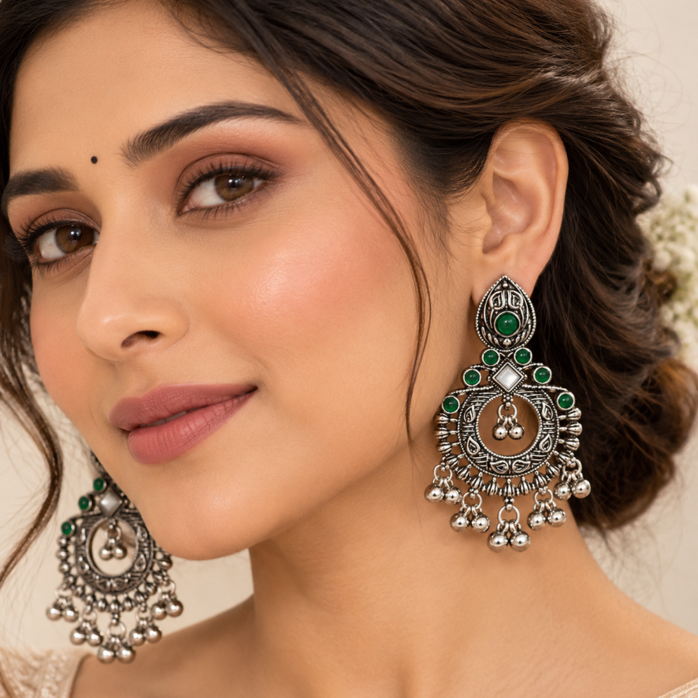 The99Jewel Oxidised Plated Pota Stone Dangler Earrings with Ghungroo Drops for Women