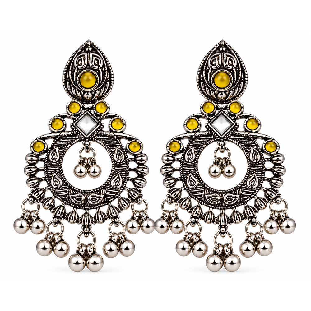 The99Jewel Oxidised Plated Pota Stone Dangler Earrings with Ghungroo Drops for Women